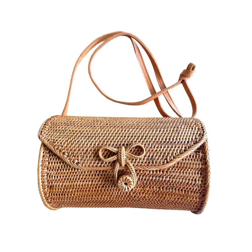 Woven Rattan Crossbody Bag Brown Bow Closure Batik Lined Boho Handbag
